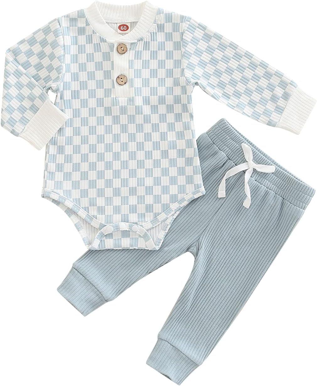 Cozy Ribbed Cotton Long Sleeve Romper & Pants Set for Newborns - Perfect Fall/Winter Outfit