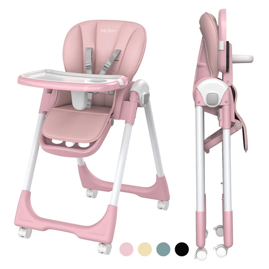 Stylish Pink Foldable High Chair for Toddlers with Adjustable Seat Height and 4 Wheels