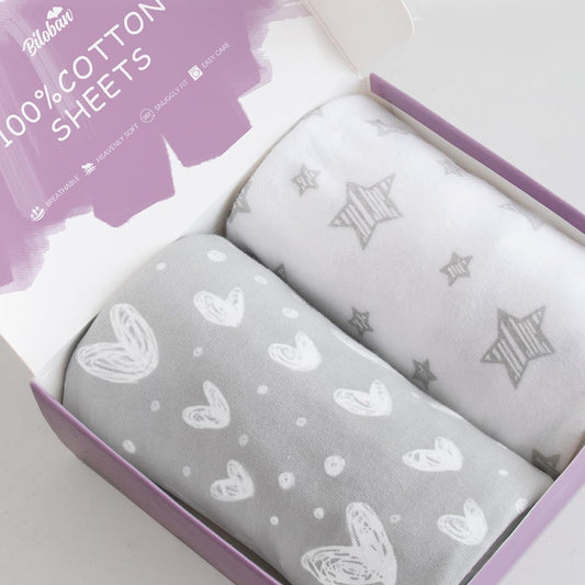 Premium Jersey Knit Cotton Bassinet Sheets for BIERUM & Mika Micky Bedside Sleepers - 2 Pack, Adorable Grey Hearts & White Stars Design