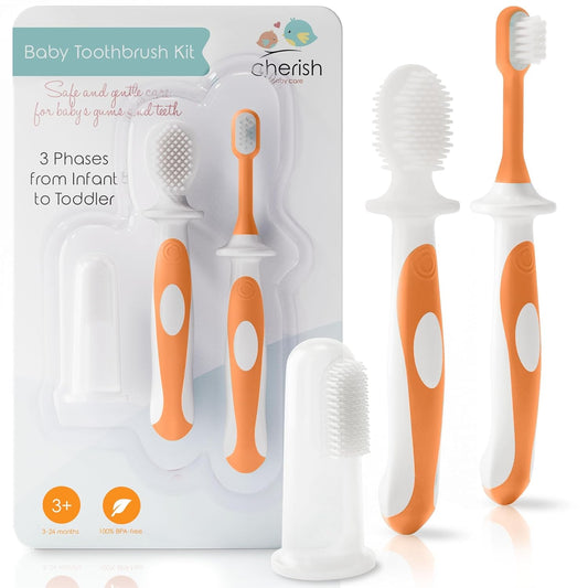 Award-Winning BPA-Free Baby Toothbrush Set for 3-24 Months - 3-Pack Finger, Training & Toddler Toothbrushes in Fun Orange