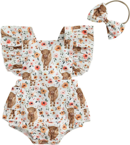 Adorable Western Baby Girl Cow Print Ruffle Romper Jumpsuit with Matching Headband - Perfect Cowgirl Outfit for Infants