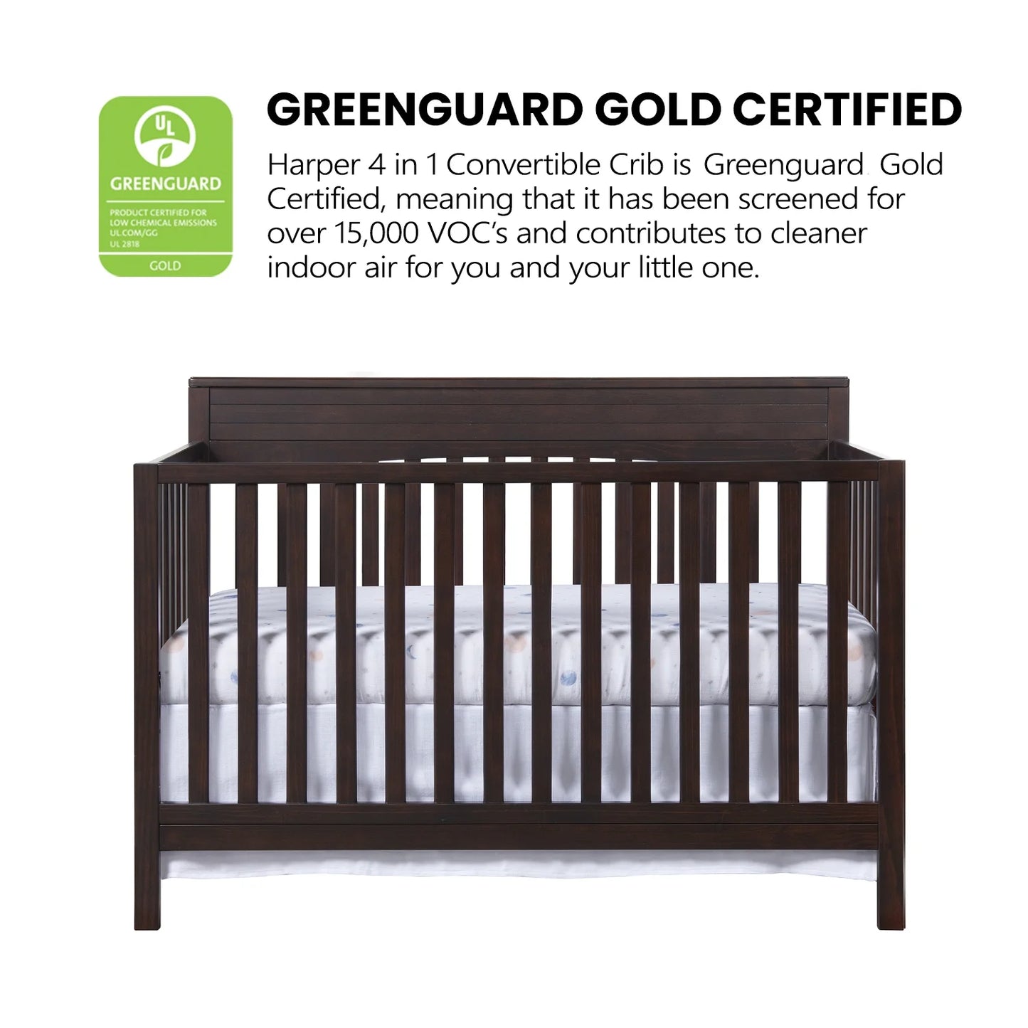 Harper 4-in-1 Convertible Crib - Stylish Espresso Brown, GREENGUARD Gold Certified Safety for Your Baby