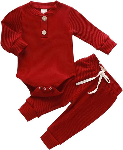 Cozy Ribbed Cotton Long Sleeve Romper & Pants Set for Newborns - Perfect Fall/Winter Outfit