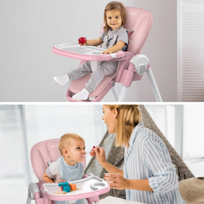 Stylish Pink Foldable High Chair for Toddlers with Adjustable Seat Height and 4 Wheels