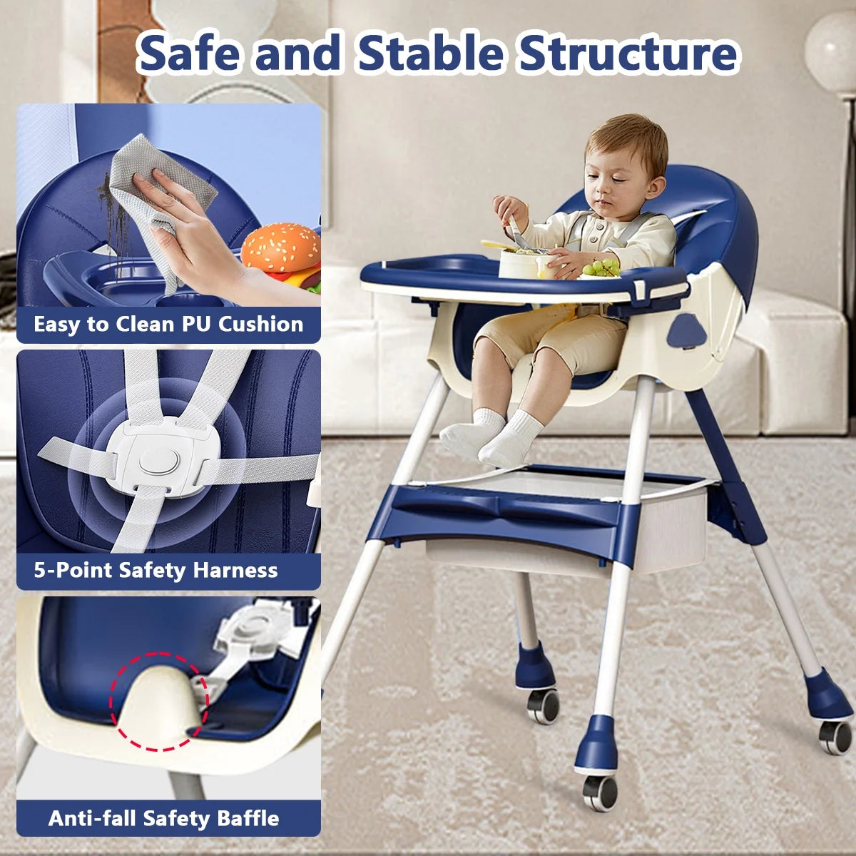 Travel-Friendly Portable High Chair with Wheels - Foldable Design for Babies & Toddlers in Blue