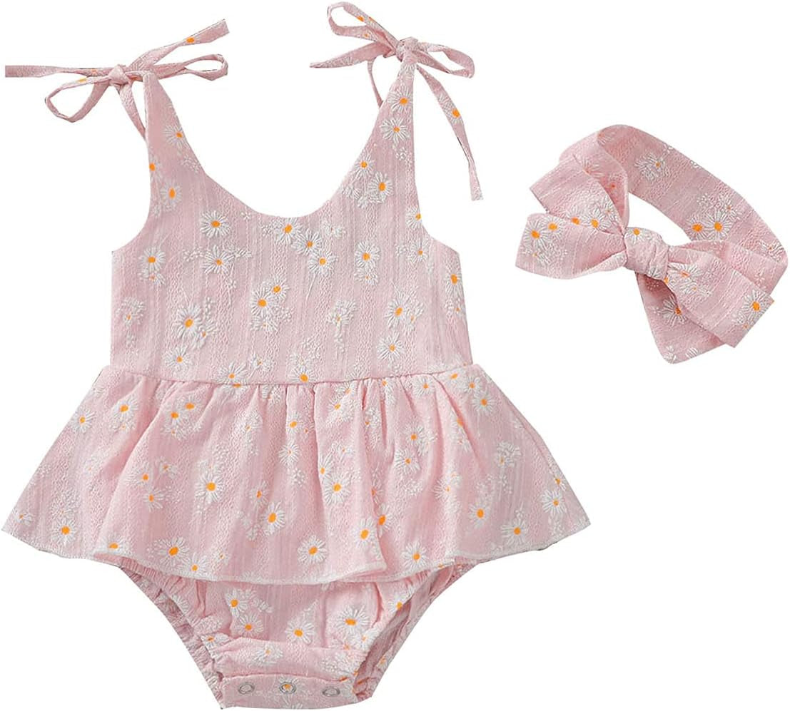 Baby Girls Floral Daisy Playsuit with Headband - Summer Halter Romper and Bodysuit