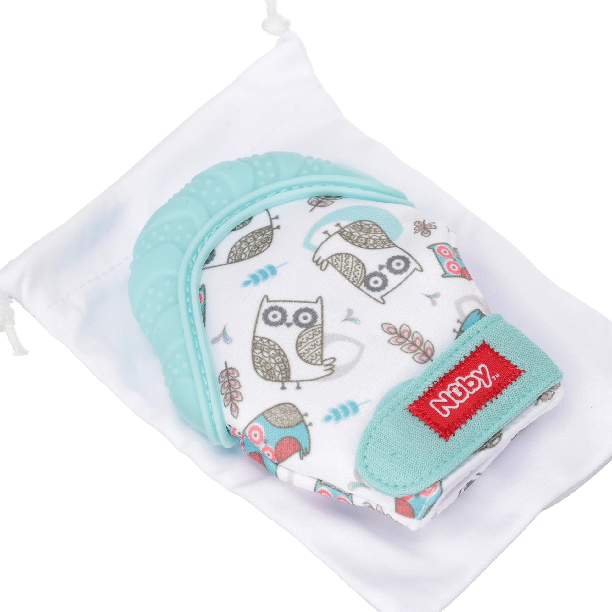 Aqua Owl Teething Mitten with Convenient Travel Bag - Perfect for On-the-Go Relief!