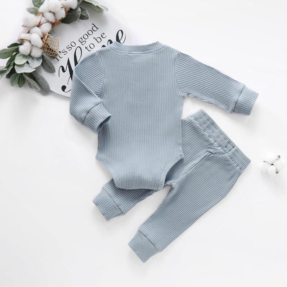 Cozy Ribbed Cotton Long Sleeve Romper & Pants Set for Newborns - Perfect Fall/Winter Outfit