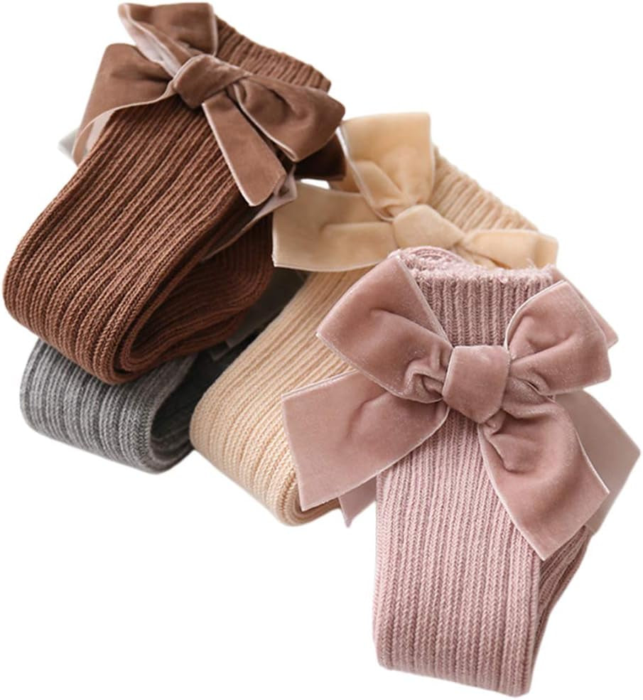 Adorable 4-Pack Knee High Socks for Baby Girls - Soft Cotton Bow Knit Stockings with Cute Ruffled Design for Infants and Toddlers