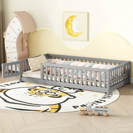 Chic Gray Twin Montessori Floor Bed Frame for Kids - Safe Wooden Design with Fence and Door