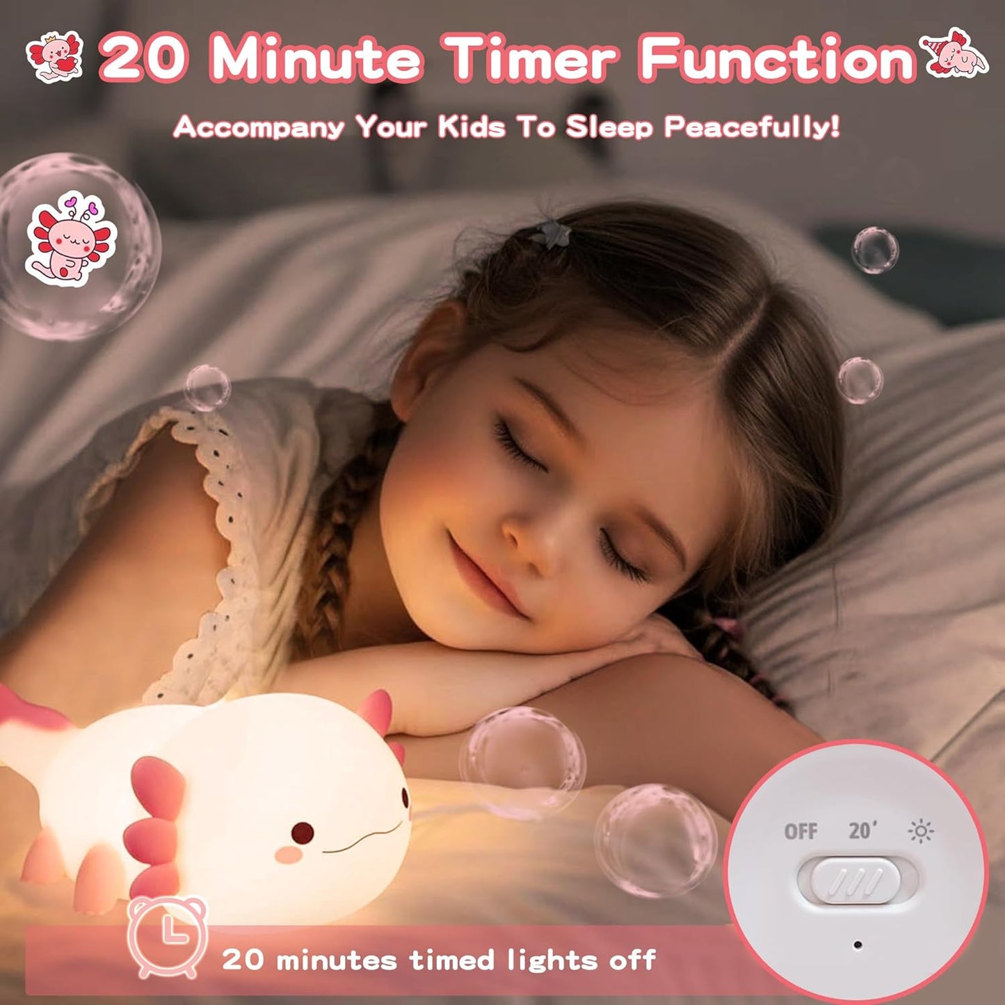 Dimmable Axolotl Night Light - Adorable Silicone Touch Lamp for Nursery, Rechargeable Kawaii Bedside Decor, Perfect Gift for Kids and Girls