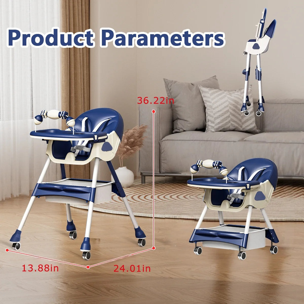 Travel-Friendly Portable High Chair with Wheels - Foldable Design for Babies & Toddlers in Blue