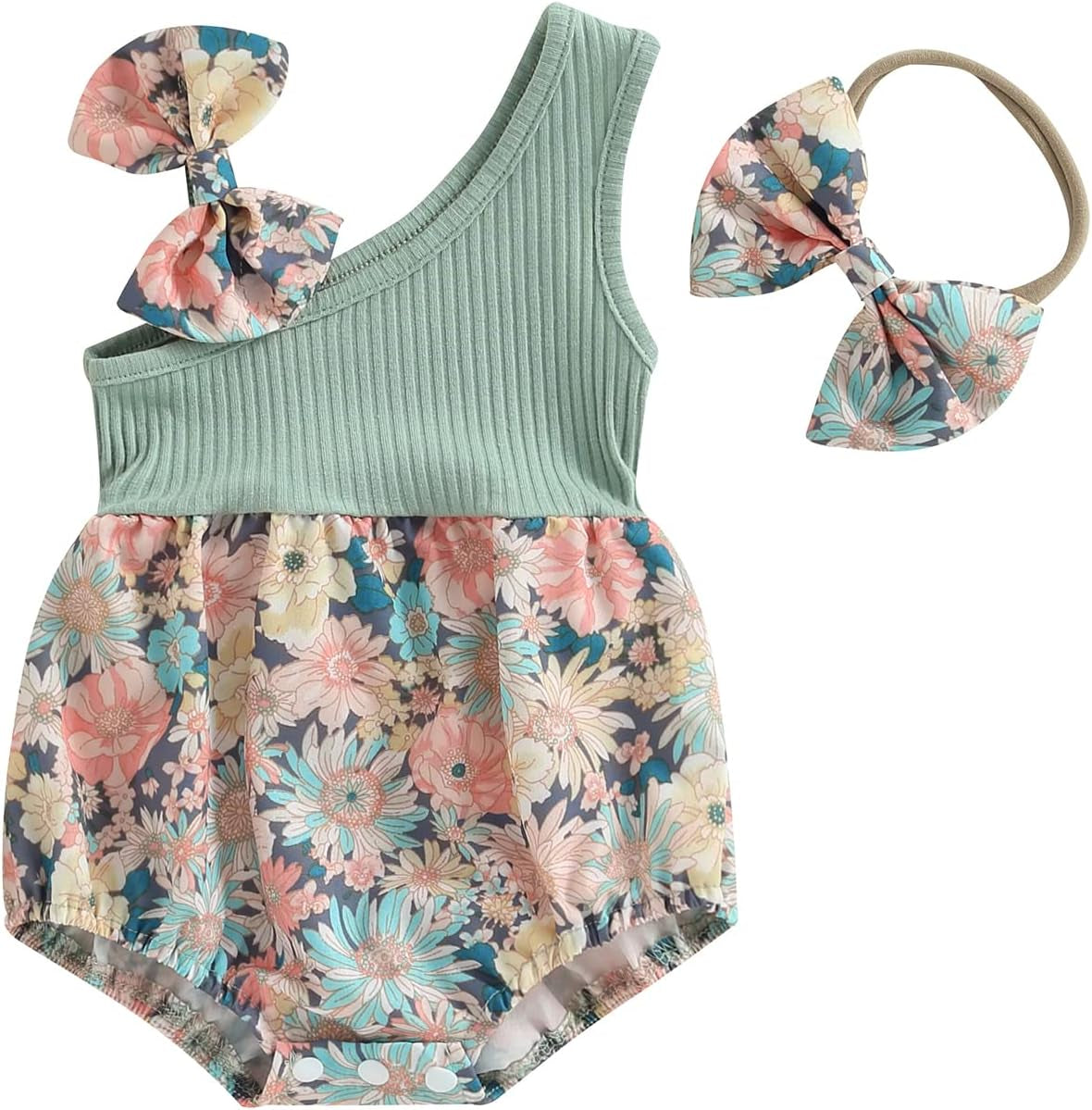 Baby Girls Floral Daisy Playsuit with Headband - Summer Halter Romper and Bodysuit