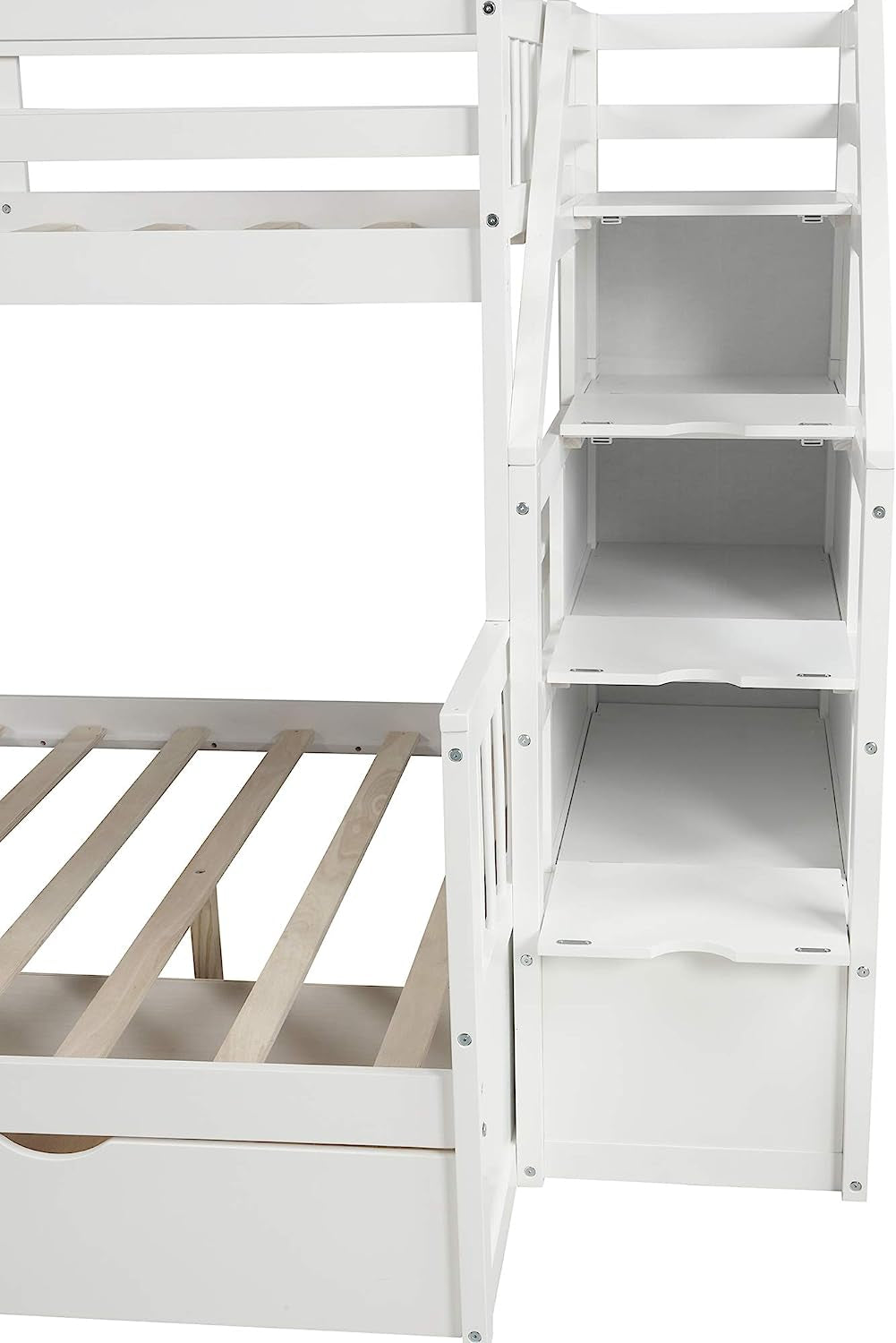 Twin over Full Convertible Bunk Bed with Slide, Solid Wood Frame, Storage Staircase, and Drawers in White