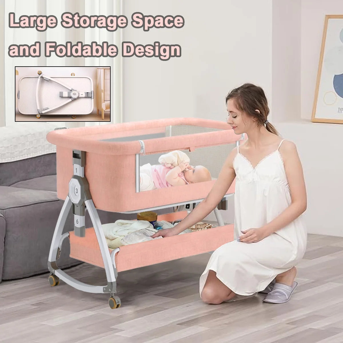 Portable Pink Folding Baby Bassinet with Wheels - Ideal Travel Crib for Comfort and Convenience