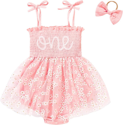 Adorable Baby Girl's 1st Birthday Tulle Romper - Sleeveless Bodysuit for Cake Smash Celebrations