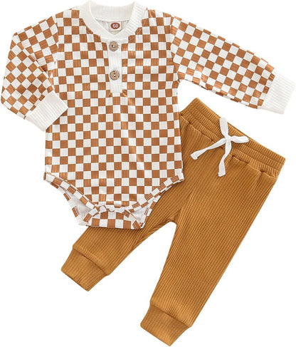 Cozy Ribbed Cotton Long Sleeve Romper & Pants Set for Newborns - Perfect Fall/Winter Outfit