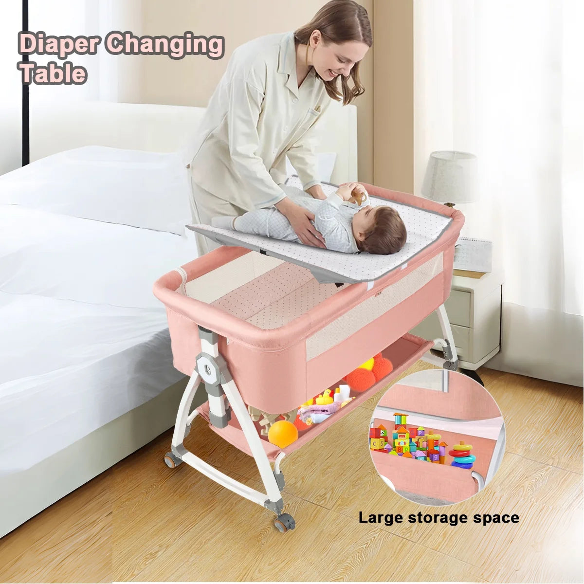 Portable Pink Folding Baby Bassinet with Wheels - Ideal Travel Crib for Comfort and Convenience