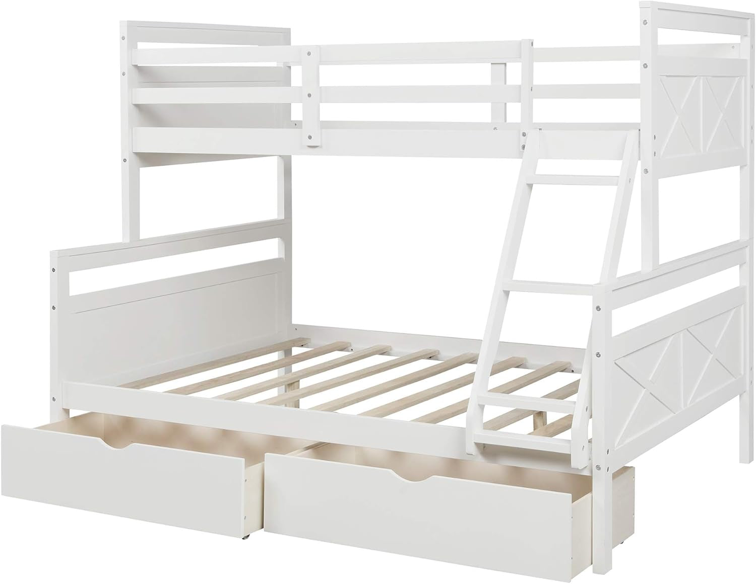 Stylish Convertible Twin over Full Bunk Bed with Storage Drawers, Ladder, and Safety Guardrail - Elegant White Finish