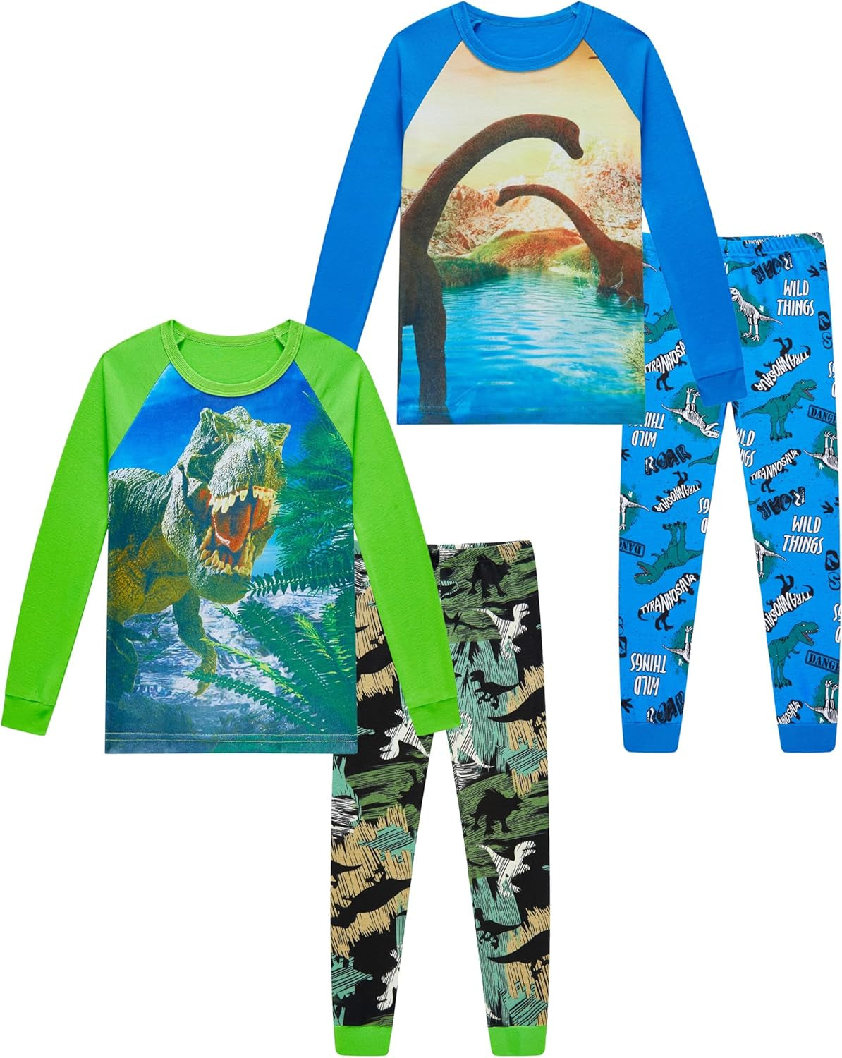 Dinosaur Rocket Space Pajama Set for Boys - 4-Piece Long Sleeve Sleepwear (Ages 2-12)