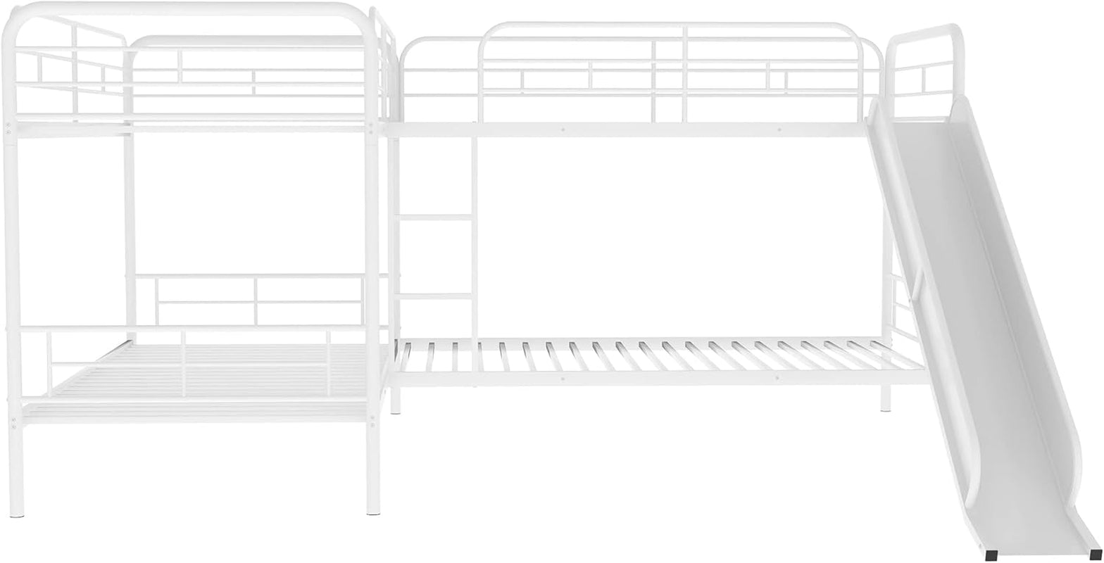 L-Shaped Twin Metal Bunk Bed with Slide - Fun & Space-Saving Design for Kids, Accommodates Up to 4, No Box Spring Needed!