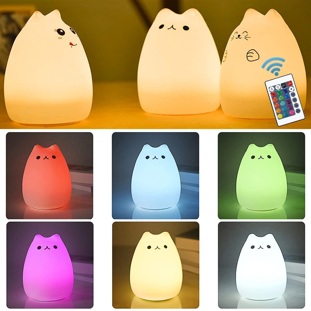 Adorable Cat Lamp Set - Remote Control Silicone Night Light for Kids, Rechargeable Kawaii Design, 4 Piece Bundle