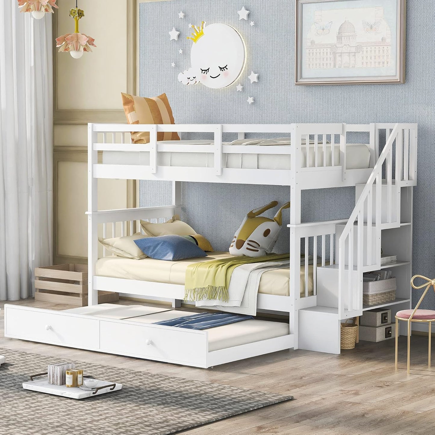 Stylish Twin Over Full Bunk Bed with Convenient Stairway and Smart Storage Solutions