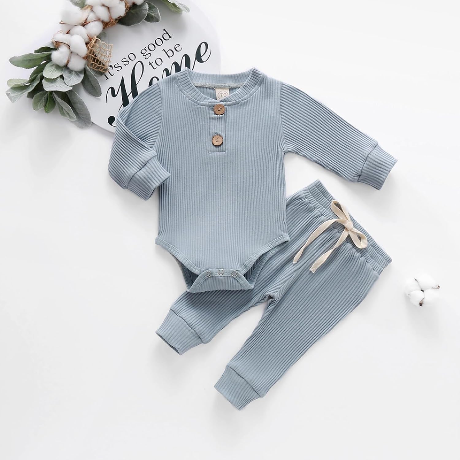 Cozy Ribbed Cotton Long Sleeve Romper & Pants Set for Newborns - Perfect Fall/Winter Outfit