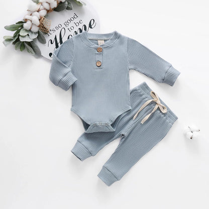 Cozy Ribbed Cotton Long Sleeve Romper & Pants Set for Newborns - Perfect Fall/Winter Outfit