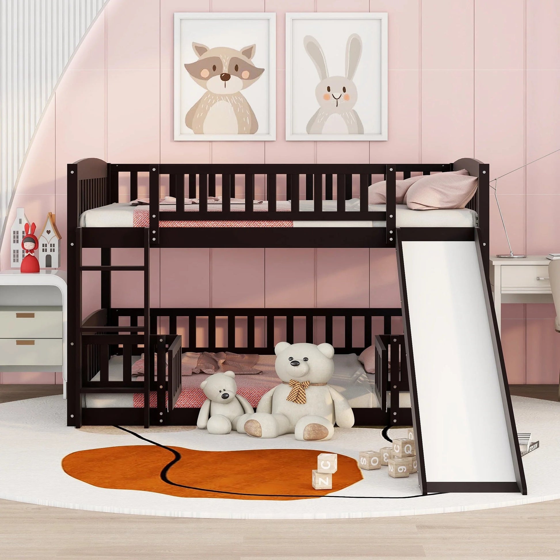 Stylish Twin Over Twin Kids Bunk Bed with Fun Slide and Ladder - Safe Low Design for Toddlers and Children in White