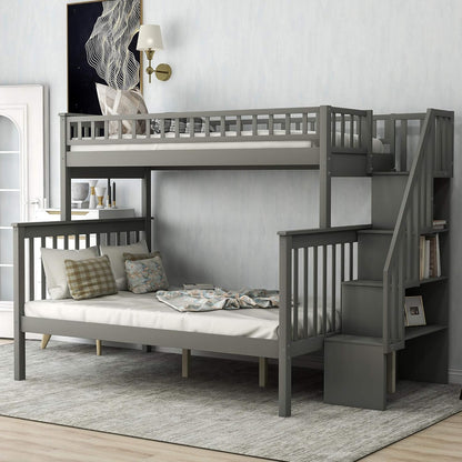 Stylish Twin Over Full Bunk Bed with Convenient Stairway and Smart Storage Solutions