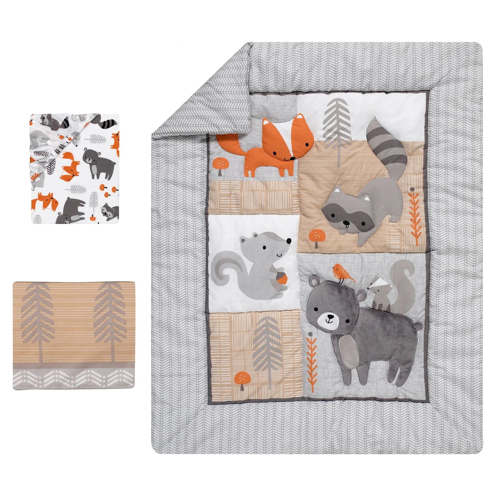 Acorn Gray Woodland Animal 3-Piece Crib Bedding Set