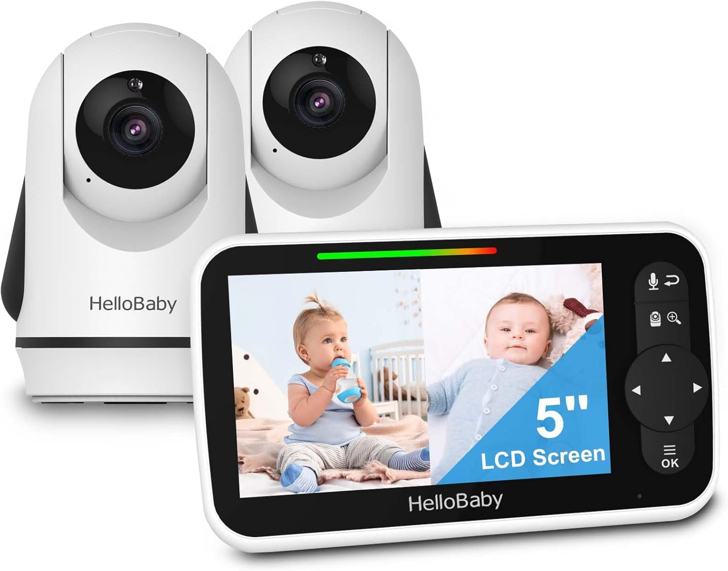 Dual Camera Video Baby Monitor with 5-Inch Split Screen Display, Remote-Controlled Cameras, Night Vision, and Temperature Monitoring