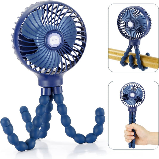 Compact Portable Handheld Fan - Versatile USB/Battery Powered Stroller & Travel Fan with Flexible Tripod Clip (Navy Blue)