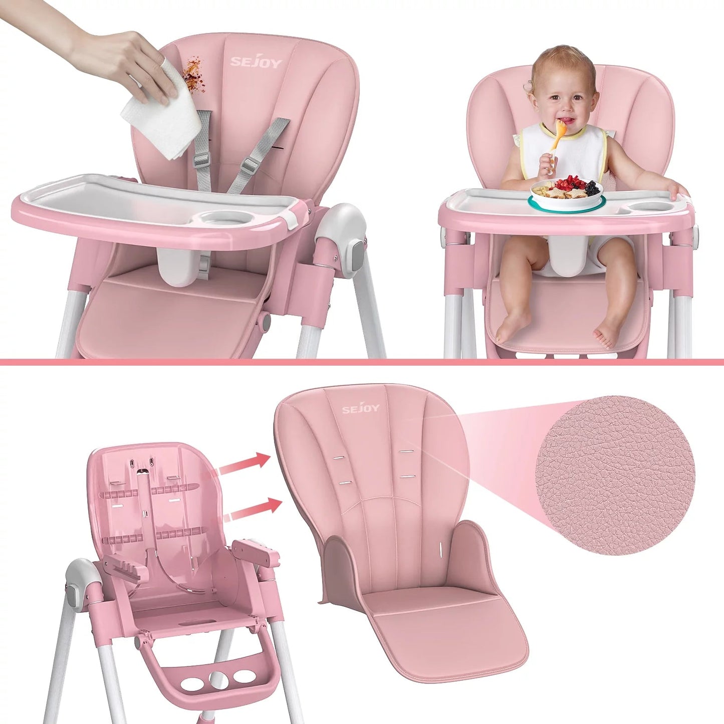 Stylish Pink Foldable High Chair for Toddlers with Adjustable Seat Height and 4 Wheels