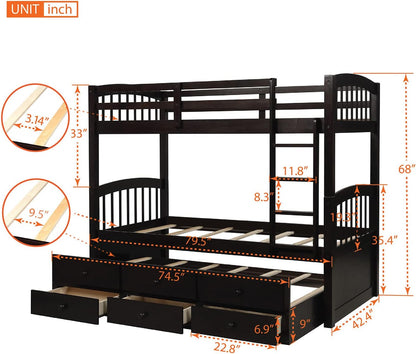 Chic Twin Over Twin Wooden Bunk Bed with Trundle & Storage - Ideal for Kids' Rooms & Guest Areas!