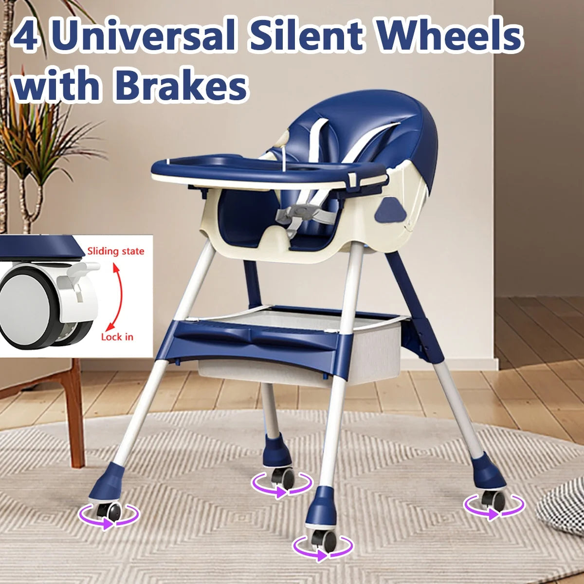 Travel-Friendly Portable High Chair with Wheels - Foldable Design for Babies & Toddlers in Blue