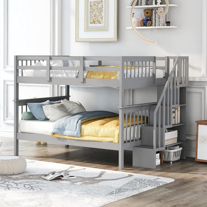 Stylish Twin Over Full Bunk Bed with Convenient Stairway and Smart Storage Solutions