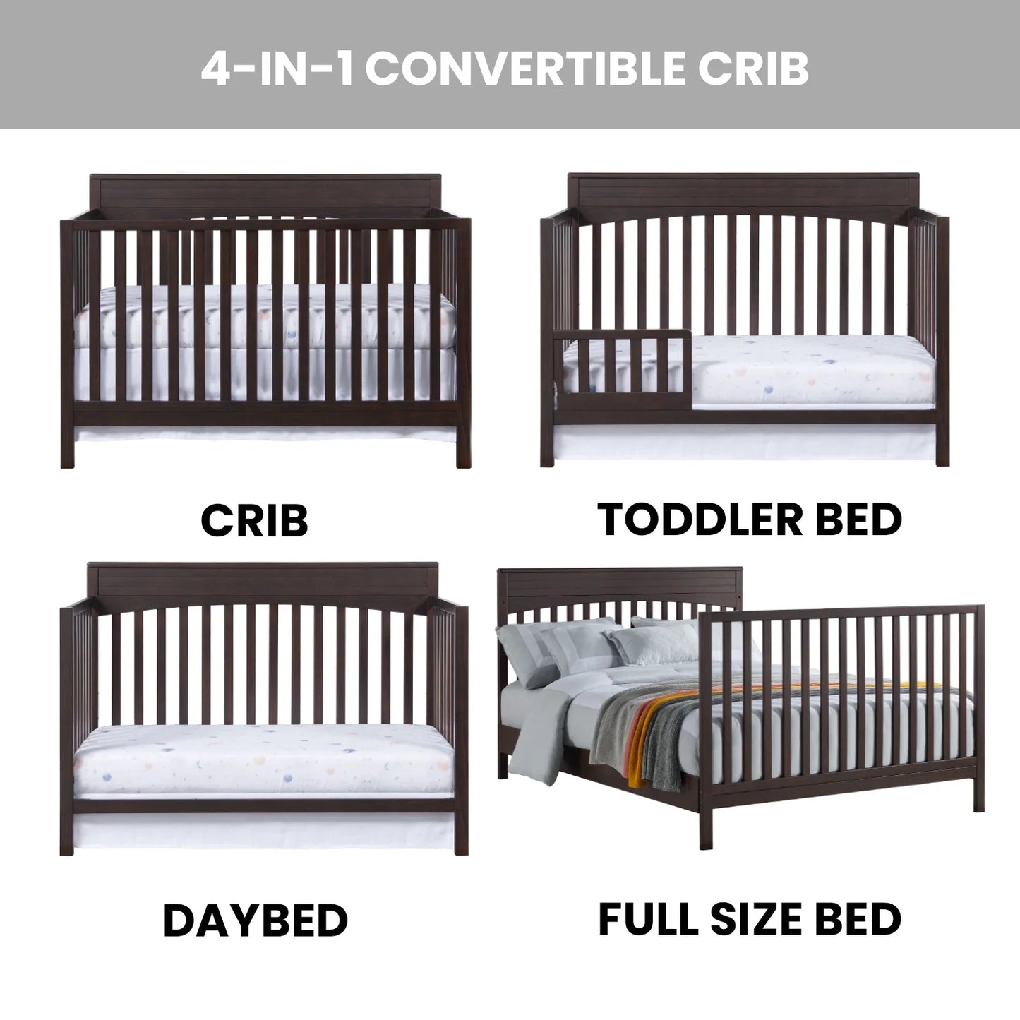 Harper 4-in-1 Convertible Crib - Stylish Espresso Brown, GREENGUARD Gold Certified Safety for Your Baby