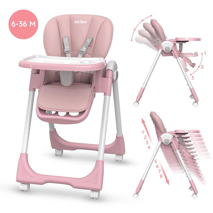 Stylish Pink Foldable High Chair for Toddlers with Adjustable Seat Height and 4 Wheels