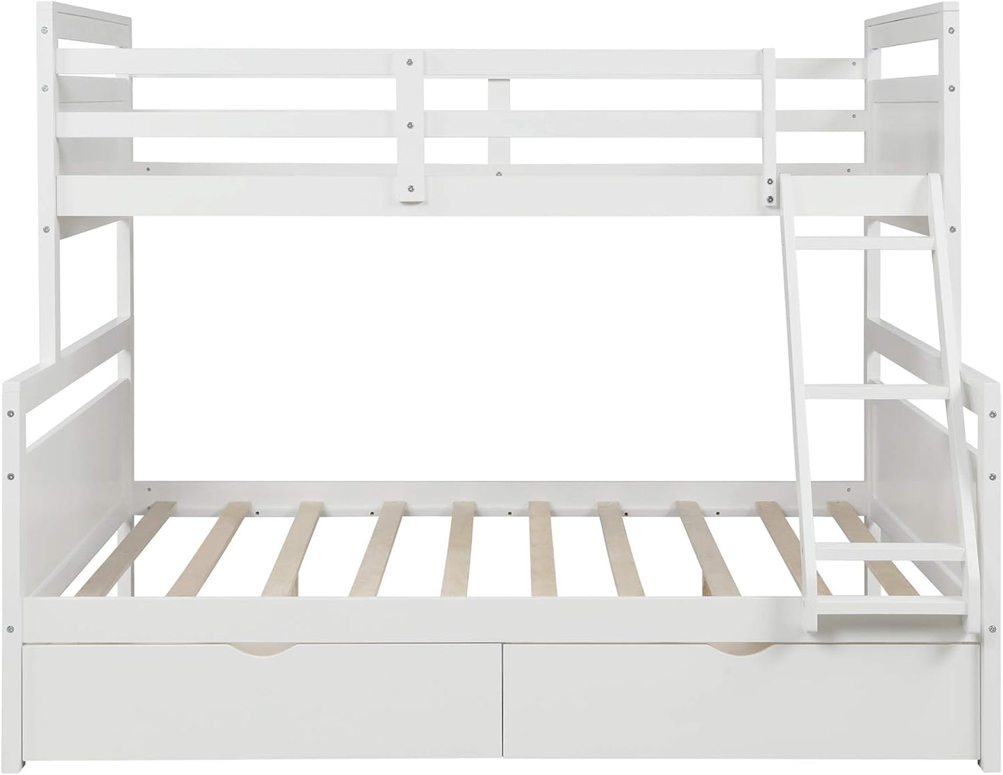 Stylish Convertible Twin over Full Bunk Bed with Storage Drawers, Ladder, and Safety Guardrail - Elegant White Finish