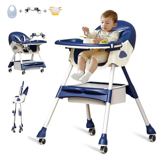 Travel-Friendly Portable High Chair with Wheels - Foldable Design for Babies & Toddlers in Blue