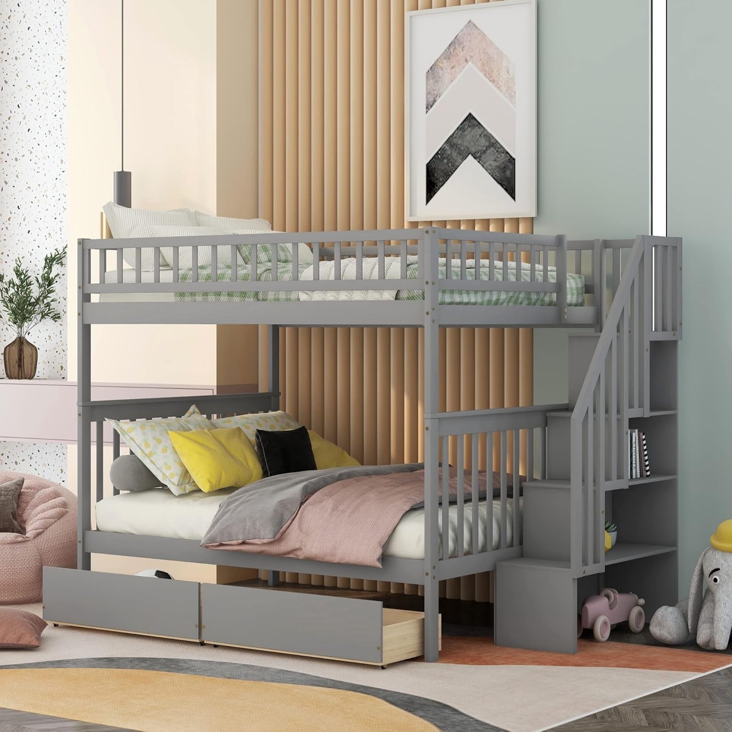 Stylish Grey Full Over Full Wooden Bunk Bed with Stairway Steps and Dual Drawers - Perfect for Kids!