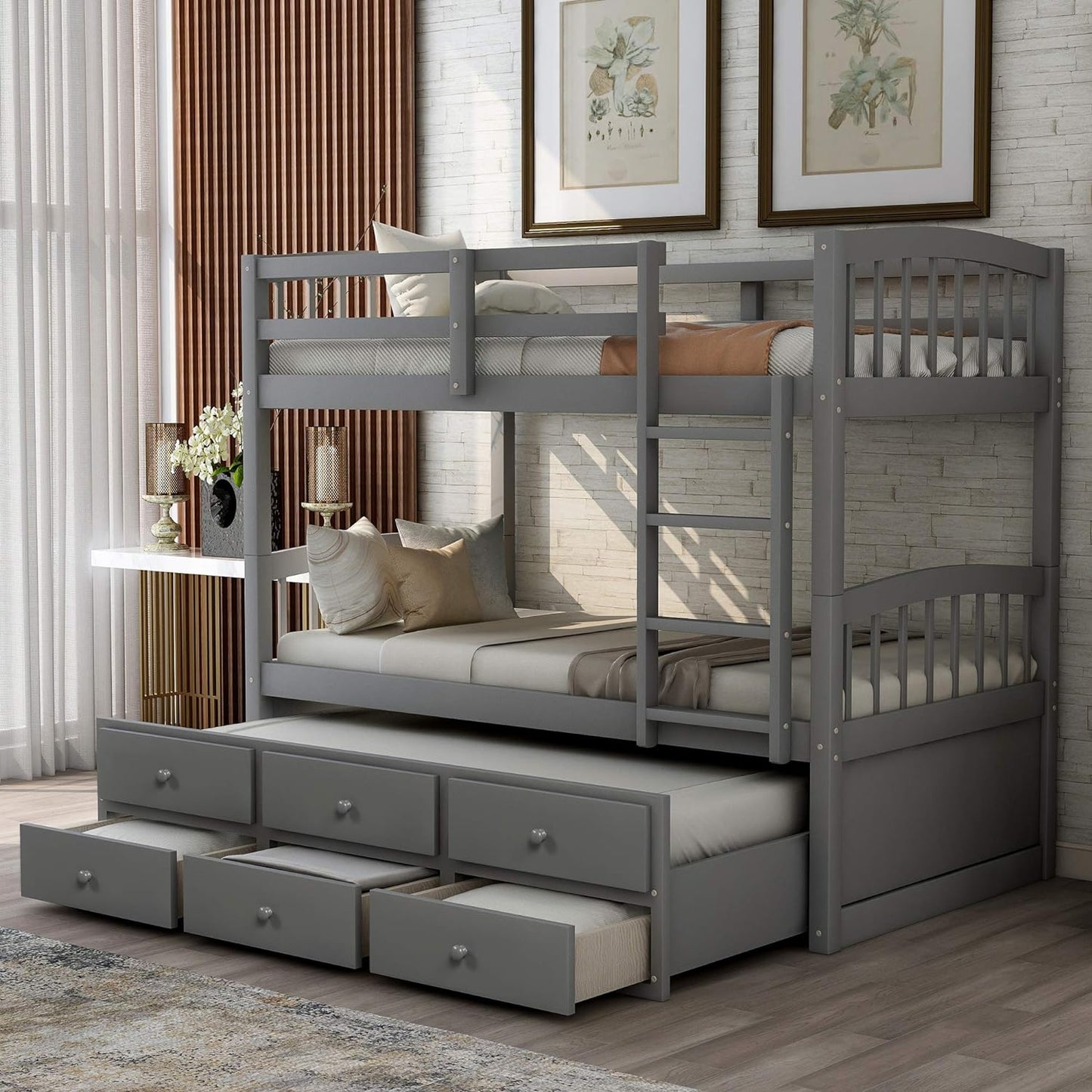 Chic Twin Over Twin Wooden Bunk Bed with Trundle & Storage - Ideal for Kids' Rooms & Guest Areas!