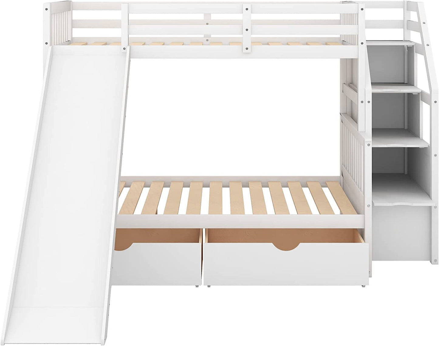 Twin over Full Convertible Bunk Bed with Slide, Solid Wood Frame, Storage Staircase, and Drawers in White