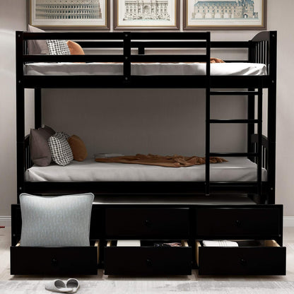 Chic Twin Over Twin Wooden Bunk Bed with Trundle & Storage - Ideal for Kids' Rooms & Guest Areas!