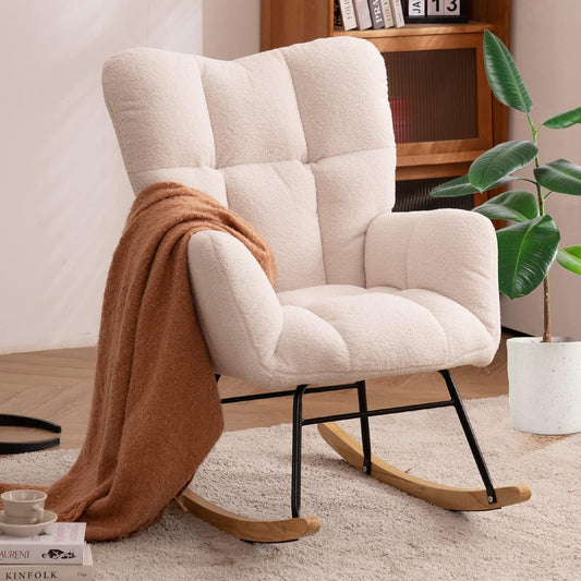 Upholstered Glider Rocking Chair with High Backrest and Padded Seat, Ivory Teddy Accent Chair for Living Room, Bedroom, and Office