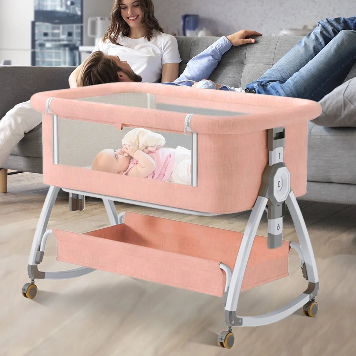 Portable Pink Folding Baby Bassinet with Wheels - Ideal Travel Crib for Comfort and Convenience