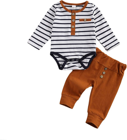 Cozy Ribbed Cotton Long Sleeve Romper & Pants Set for Newborns - Perfect Fall/Winter Outfit