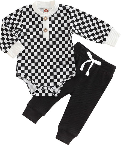 Cozy Ribbed Cotton Long Sleeve Romper & Pants Set for Newborns - Perfect Fall/Winter Outfit